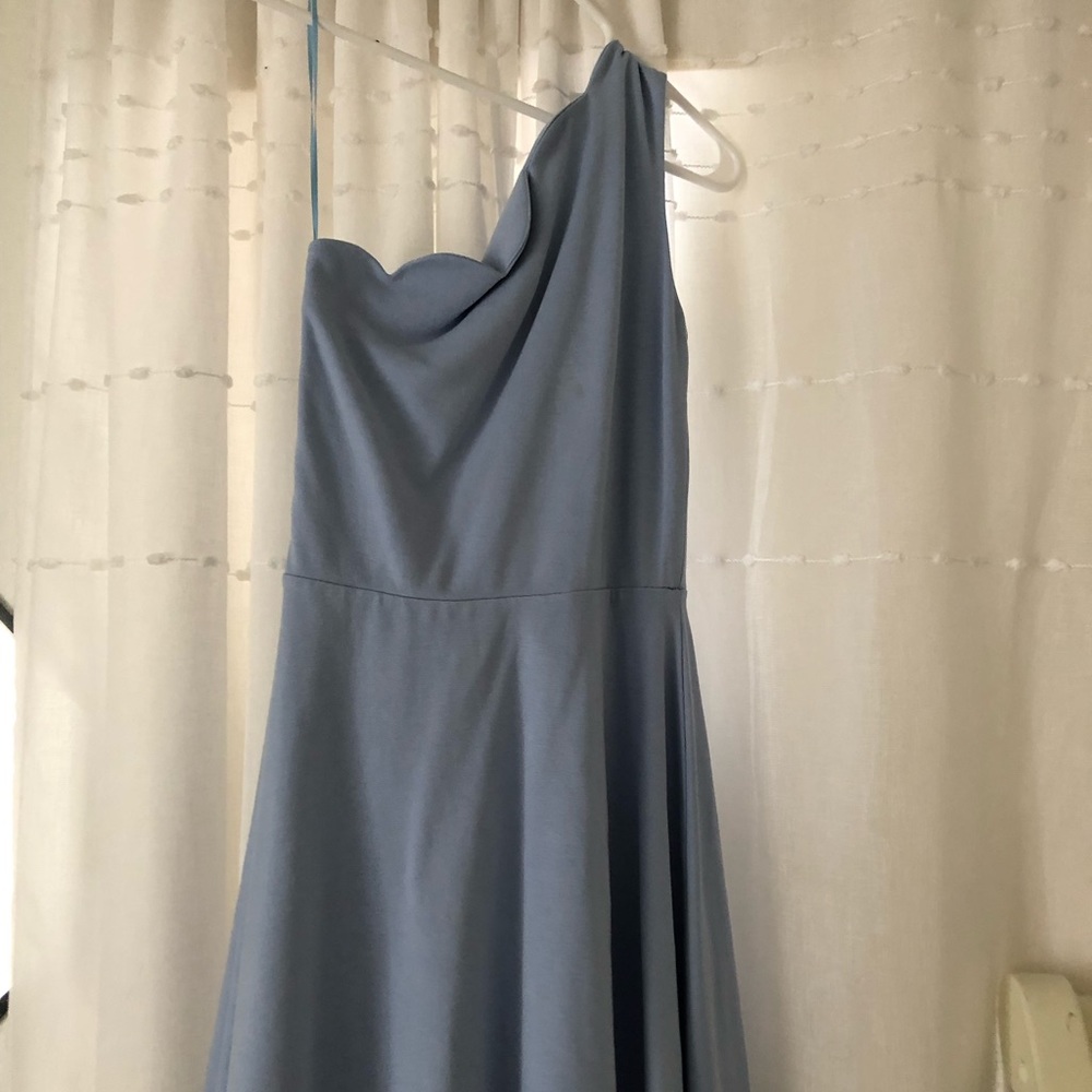 blue one shoulder scalloped dress